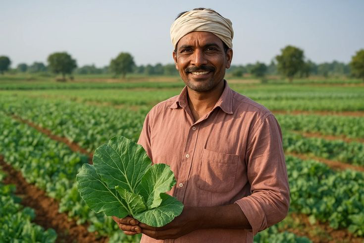 A farmer holding a fresh crop leaf in his field