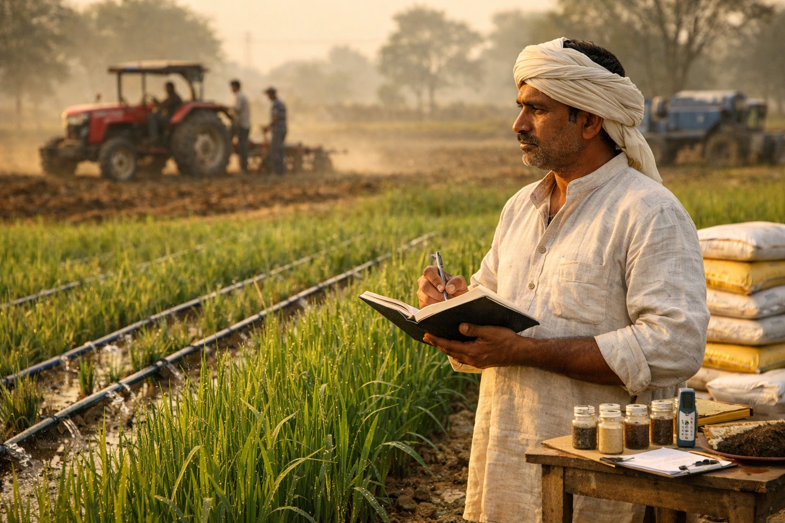 A farmer noting farm expenses in a notebook beside his field