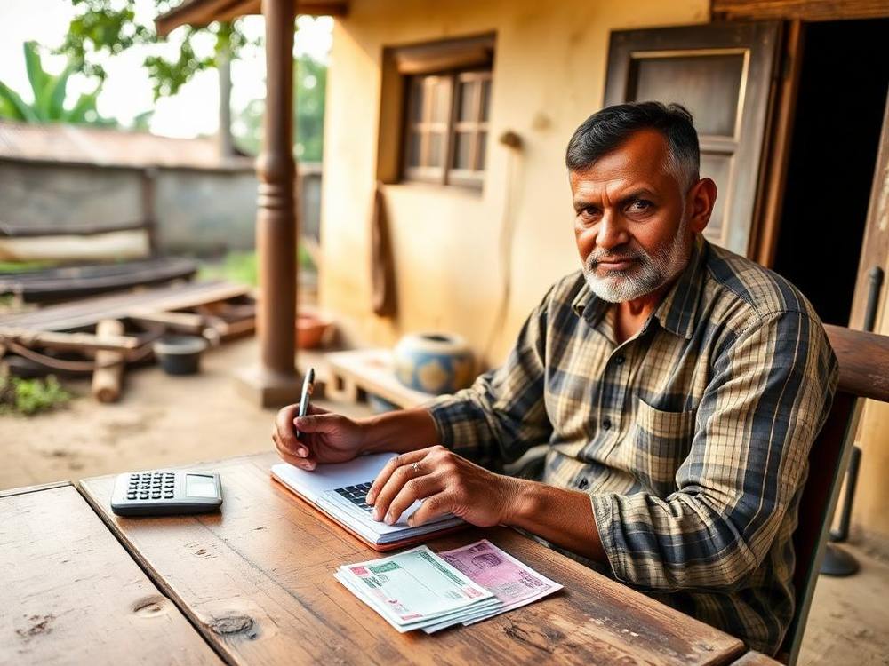 A farmer noting farm expenses in a notebook with a calculator