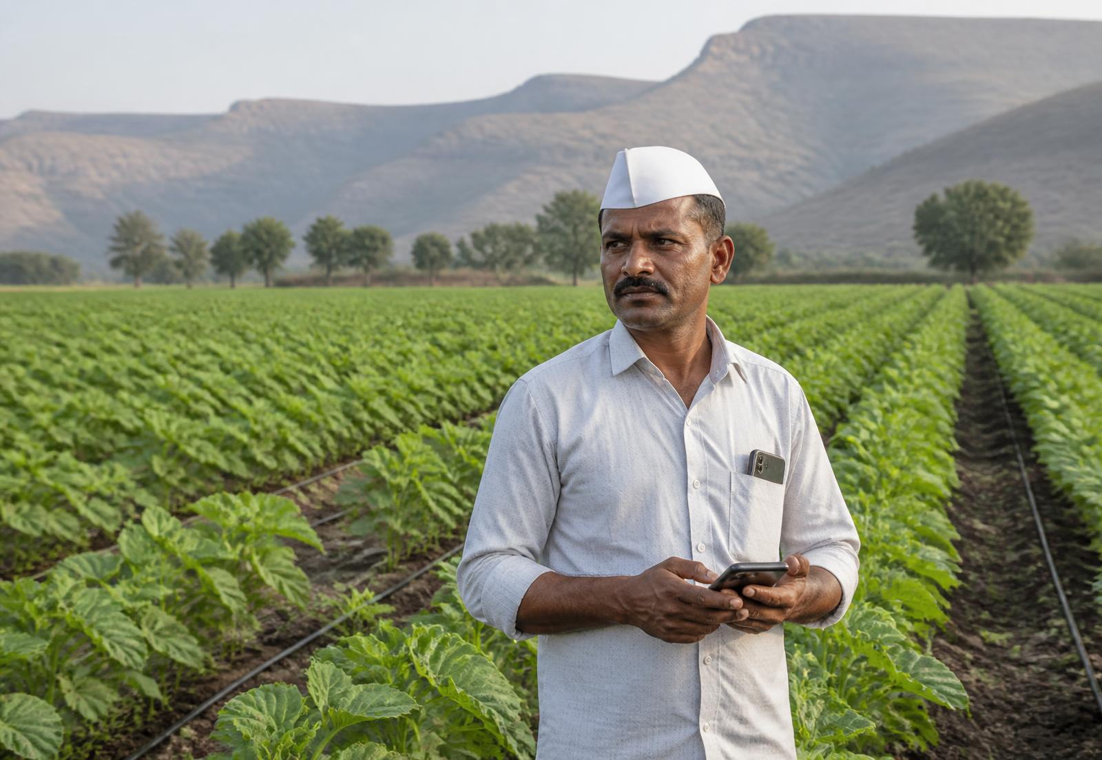A farmer inspecting a soybean crop in a field