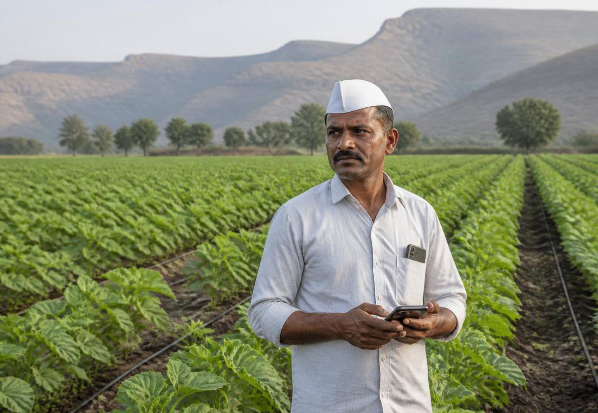 A farmer standing in a soybean field in Maharashtra