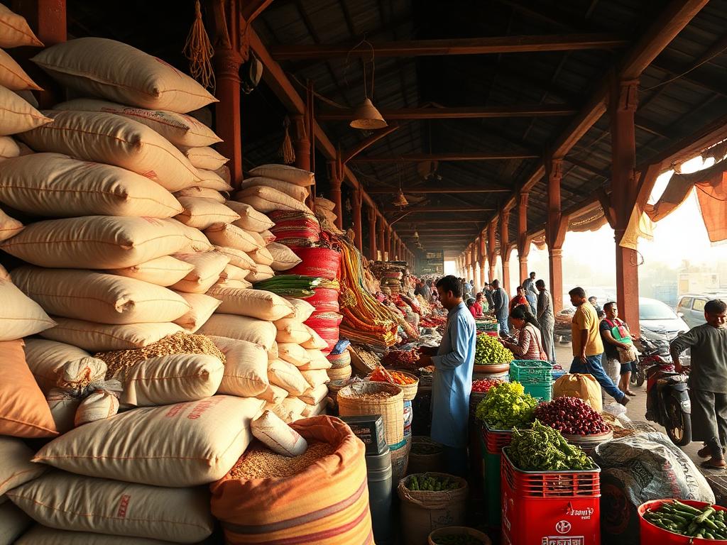 Traders and sacks of produce at an Indian wholesale mandi